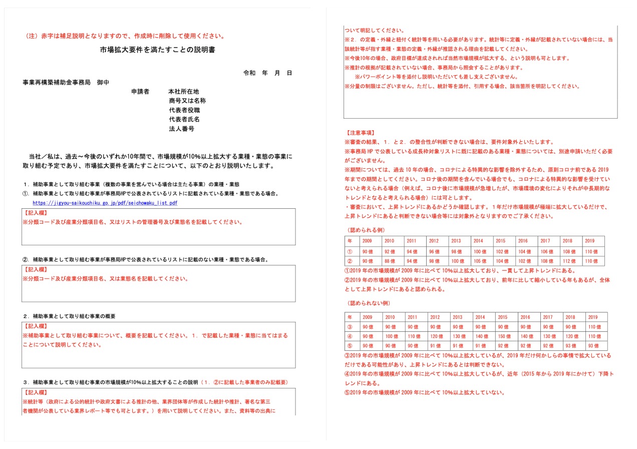 事業再構築補助金」市場拡大要件を満たすことの説明書の書き方を 事業再構築補助金」市場拡大要件を満たすことの説明書の書き方を